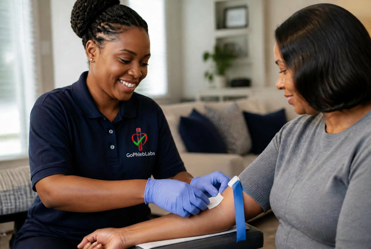 A friendly phlebotomist performing a comfortable blood draw on a patient at home